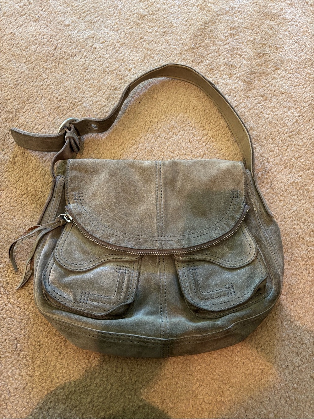 Vintage Lucky Brand Stash Hobo Bag Olive Grey Suede Boho Pocket Shoulder Purse